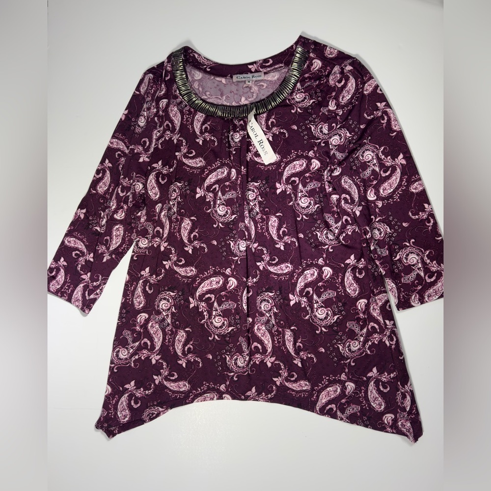 Carol Rose Plum Paisley Blouse with Embellished Collar 💜
